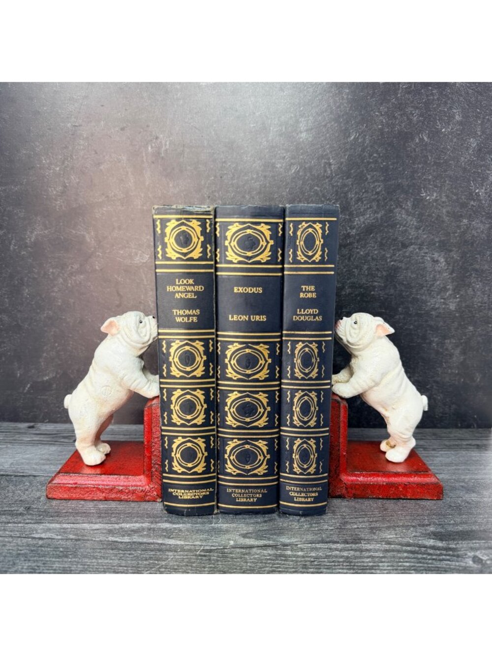 Cast Iron White English Bulldog Bookends Dog Decor Vintage Pair Red Base